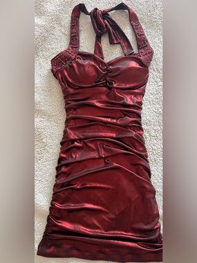 Charlotte Russe Red Satin Ruched Halter Mini Dress